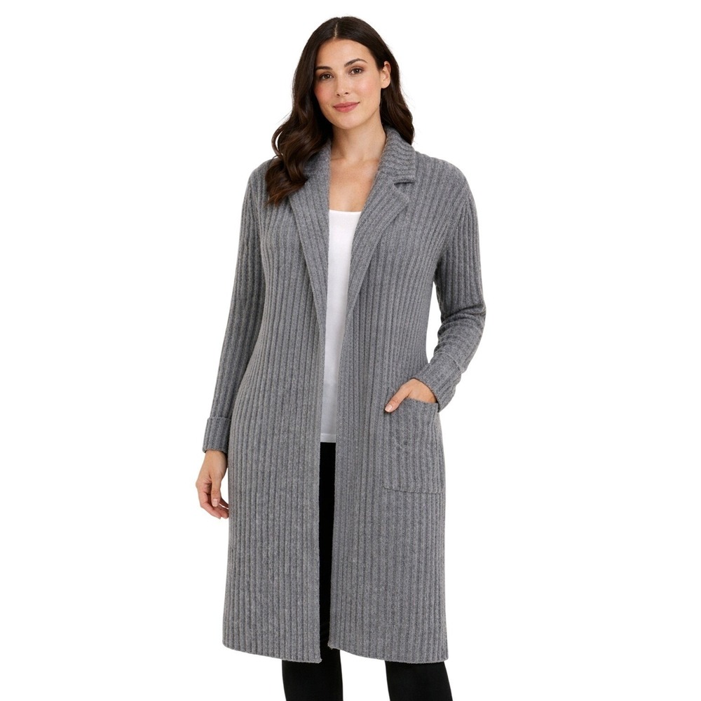 Mary McFadden Women's Grey Ribbed Lambswool Long Cardigan Sweater Sz M Belted